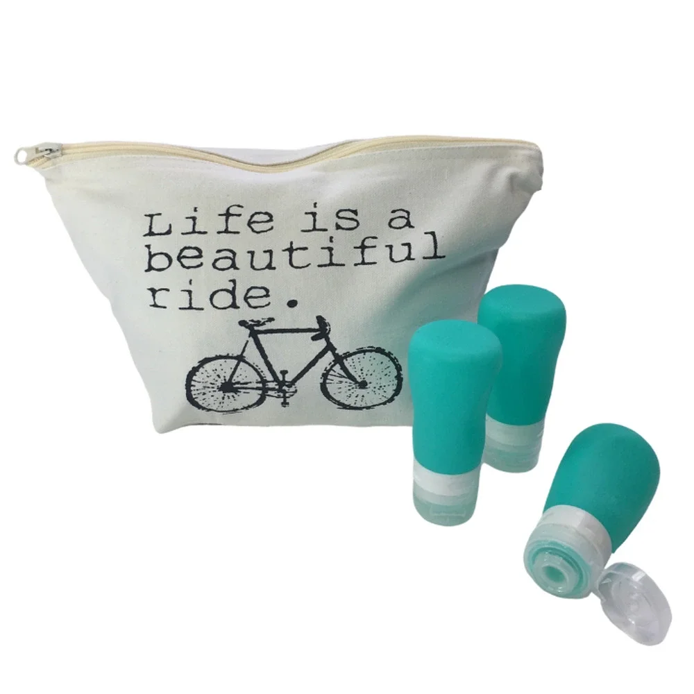 Canvas Travel Cosmetic Bag Set w Bottles Life Is Beautiful Ride NEW